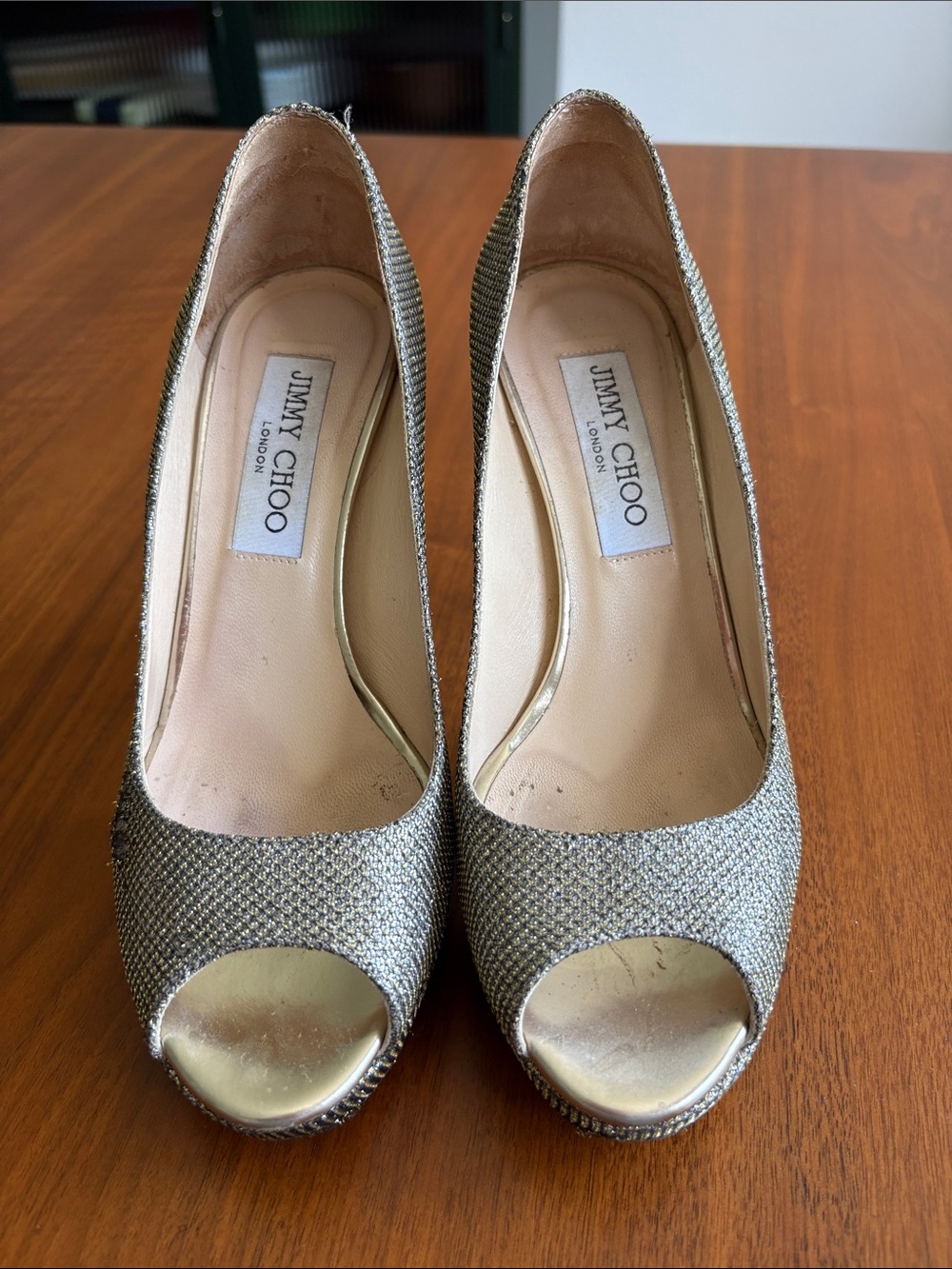 Jimmy Choo Metallic Gold Peep-Toe Heels